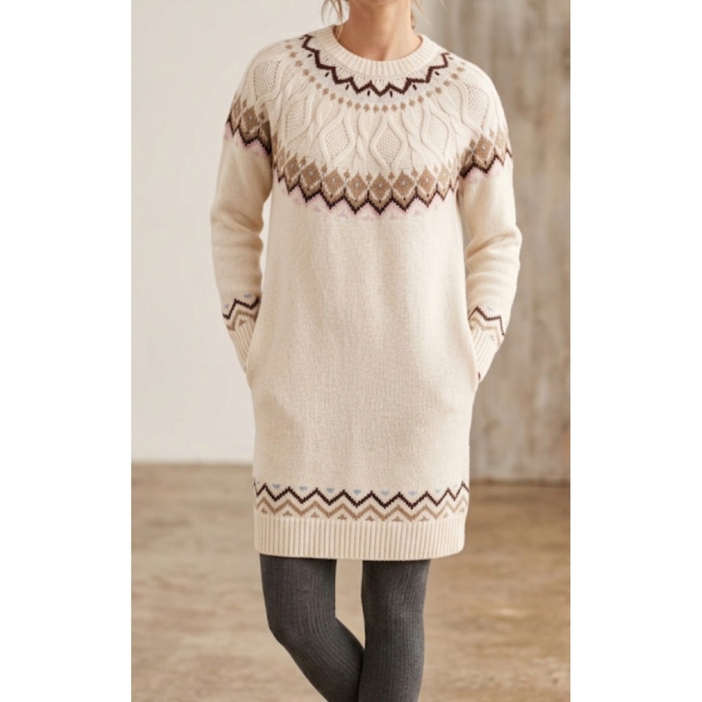 Lucky Brand Women's Fair Isle Cream Pullover Long‎ Sleeve Sweater Dress M NWT
